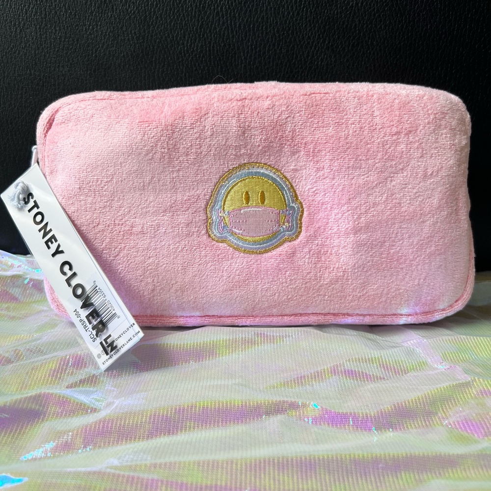 RARE Stoney Clover small pink terry pouch w/smiley mask face patch NWT